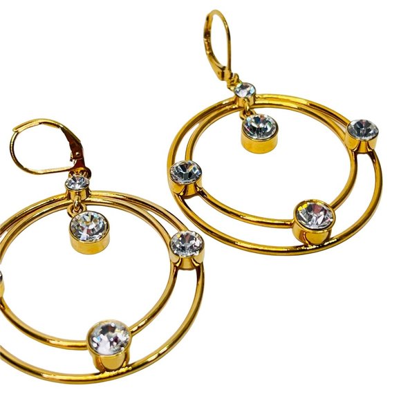 Rhinestone Gold Dangle Hoop Statement Earrings Leverback